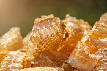 Honeycomb on a plate close-up in the sun.