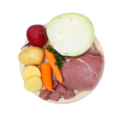 Ingredients for traditional borscht on white background, top view