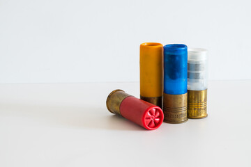 12 gauge shotgun shells used for hunting isolated on a white background