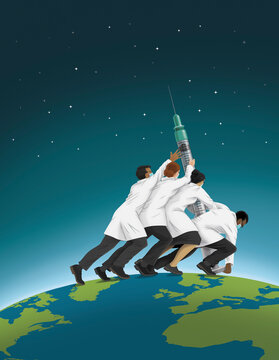 Scientists working together to raise vaccine syringe on top of the world