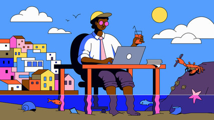 Man working at desk as if on holiday