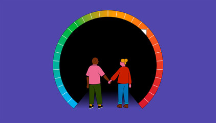 Couple at entrance of dark tunnel with rising temperature dial
