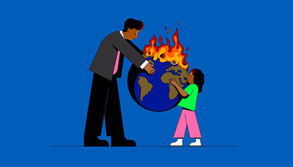 Man handing over burning planet earth to child
