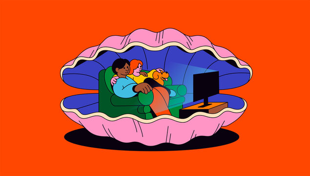 Cosy couple watching television inside of seashell