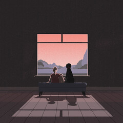 Small girl sitting with teddy and dog looking out at view