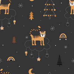 Fototapeta premium Cute seamless Christmas pattern with tigers and Christmas trees