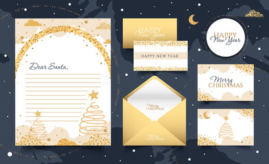 Set of new year cards, letter to santa claus, envelope