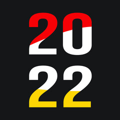 Happy new year 2022. Typography letter square banner design. Colourful greeting poster.  Vector holiday illustration. Yellow, red and white text with black background. Festive event banner card