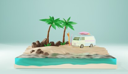 Sunny tropical beach with van and surf.3D rendering