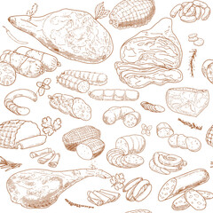 Seamless Pattern of meat products and meat delicacies. Sausages, ham, bacon, lard, salami in sketch style. Background for printing butcher shop packaging
