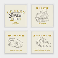 Set of meat products and meat delicacies. Sausages, ham, bacon, lard, salami in sketch style.