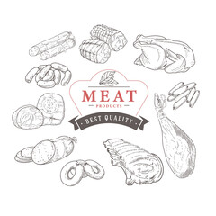 Set of meat products and meat delicacies. Sausages, ham, bacon, lard, salami in sketch style.