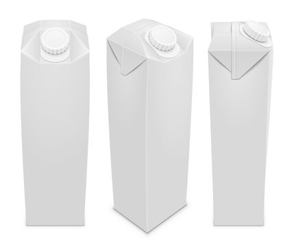 Сarton package with a screw plastic cap for juice, milk, beverage. Set of various projections. Vector isolated realistic template illustration.