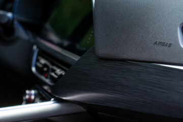 Modern car interior close up view with metallic and plastic details. Interior detail.