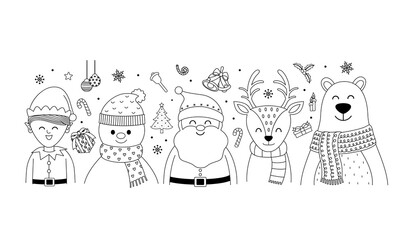 Christmas cartoon character design in outline style. Merry christmas and happy new year. Vector illustration.