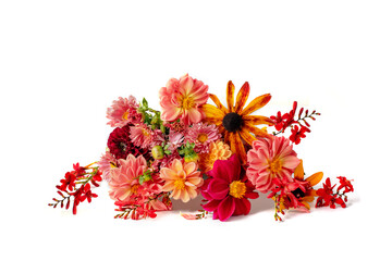 Autumn bouquet of mixed garden flowers isolated on a white background. Colorful flowers of dahlia,...