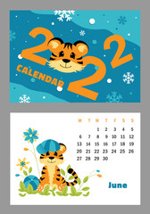 Naklejka premium Vector horizontal calendar 2022 with symbol of the year tiger. Cute funny character little tiger. Week starts on Monday. A set of page June and cover in size A3, A4, A5. Colorful design. EPS10.