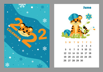 Vector vertical calendar 2022 with symbol of the year tiger. Cute funny character little tiger. Week starts on Sunday. A set of page June and cover in size A3, A4, A5. Colorful design. EPS10.