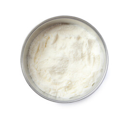 Can of powdered infant formula isolated on white, top view. Baby milk
