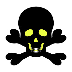 Skull and crossbones. Silhouette with glowing eyes. Vector illustration. Pirate symbol. Jaw with straight teeth. Hollows instead of eyes and nose. An integral part of the skeleton. 