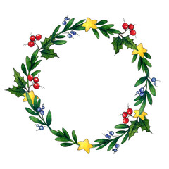 Obraz premium christmas watercolor wreath of holly branches, mistletoe and stars on a white background.