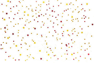 White background with colored sequins. Festive backdrop for your projects. Background for your product presentation. Christmas texture. Top view, copy space.
