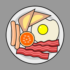 Full breakfast with sausages, bacon, toasts, fried egg, and beans. 