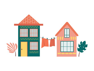 Two cute southern colorful houses with drying clothes on a rope vector illustration
