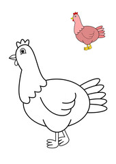 Coloring page. Drawing of a hen in black and white ready to be colored, with an example of a colored hen above.