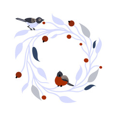 Winter wreath with little birds and berries isolated on white background
