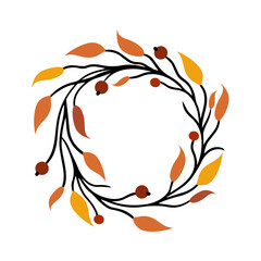 Simple autumn wreath with orange, red leaves and rowan berries, template isolated vector illustration