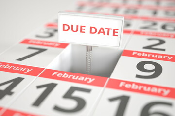 DUE DATE sign on February 8 in calendar, 3d rendering
