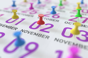 November 2 date and push pin on a calendar, 3D rendering