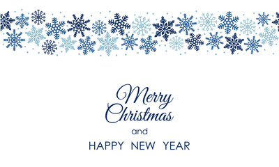 Christmas and New Year greeting card. Blue snowflakes border and dots on white background. Minimalist style