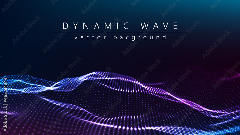 Poster wave of particles. technology background concept dynamic wave vector illustration. futuristic point 