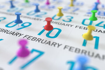 February 10 date and push pin on a calendar, 3D rendering