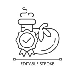 Food quality testing linear icon. Scientific food analysis. Products visual appearance evaluation. Thin line customizable illustration. Contour symbol. Vector isolated outline drawing. Editable stroke