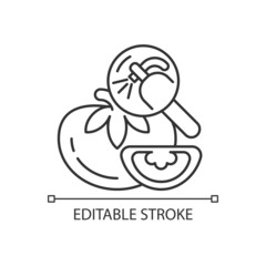 Obraz premium Pesticide residue testing linear icon. Food product pesticide hazard detection. Chemical analysis. Thin line customizable illustration. Contour symbol. Vector isolated outline drawing. Editable stroke
