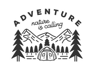 Vector vintage landscape with mountain peaks end graphic elements. camping illustration. simple t shirt design.
