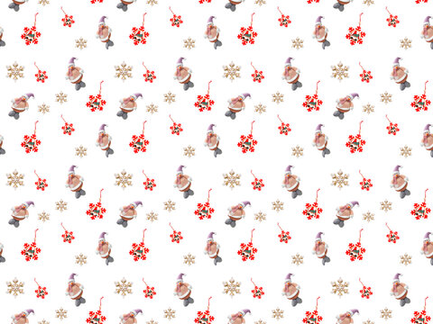 Christmas  pattern. White seamless background. Winter holidays  ornament. Ornament of textile snowmen and wooden snowflakes isolated on light.