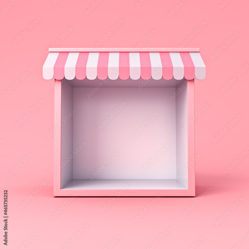 Poster blank sweet exhibition booth store or blank display shop stand with pink striped awning isolated on 