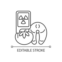 Radiation in food testing linear icon. Food irradiation. Determine products nuclear hazard. Thin line customizable illustration. Contour symbol. Vector isolated outline drawing. Editable stroke
