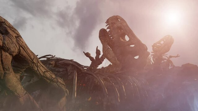 dead dinosaur bodies, dinosaur skeletons after extinction 3d render