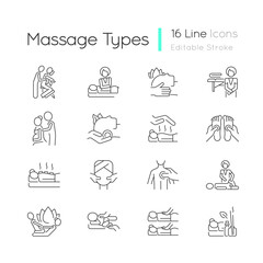 Massage types linear icons set. Physical health improvement. Applying pressure to muscles. Healing body. Customizable thin line contour symbols. Isolated vector outline illustrations. Editable stroke
