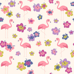 Flamingo and hibiscus flower seamless pattern background.