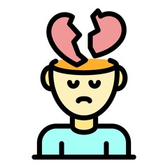 Broken heart over head icon. Outline broken heart over head vector icon color flat isolated