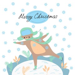 Fototapeta premium Greeting Christmas card whith ice skating bear