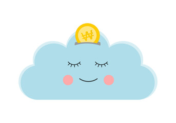 Piggy bank in the shape of a cloud in which a won coin is entering. Virtual banking and e-commerce concept. Korean currency.
