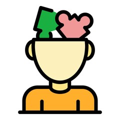 Puzzles in a human head icon. Outline puzzles in a human head vector icon color flat isolated