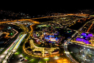 Sochi, Russia. Panorama Settlement Sirius Territory. Night illumination. Aerial view